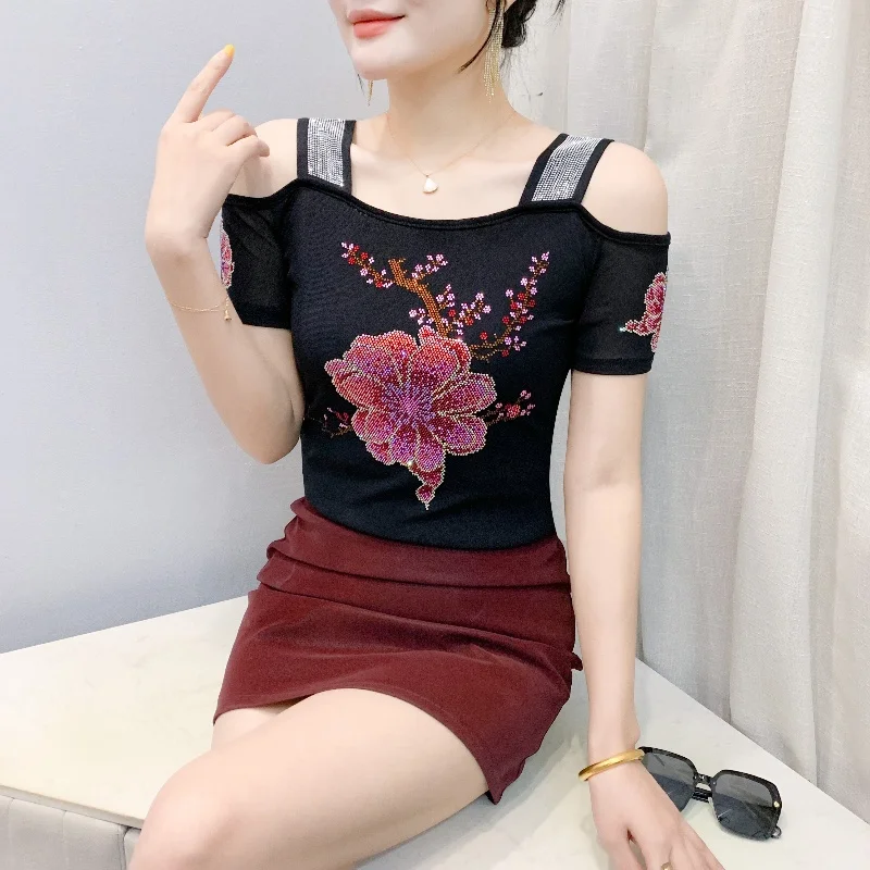 Summer New Fashion Hot Diamonds T-Shirt Women Sexy Off The Shoulder Streetwear Tees Female Slim Flower Tops Blouse