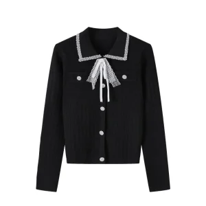 High-End Women Knitted Sweater Autumn New Luxury Bow Diamond Beading Lapel Collar Single Breasted Button Tops