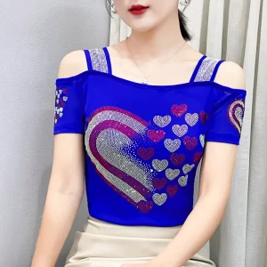 New Designer Flower Hot Diamonds Ladies T-shirt Clothes Elegant Slim Mesh Tops Sweet Women Clothes Summer Elastic Tees
