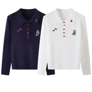 French Vintage Bear Embroidered Knitted Sweater For Women Autumn New Korean Casual Fashion Pullover Sweater Tops