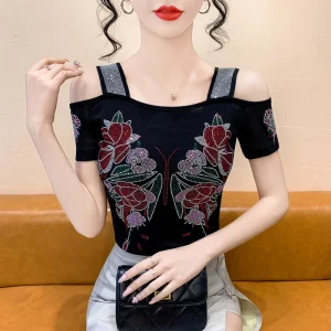 New Ladies Mesh T-Shirt Designer Butterfly Hot Diamonds Womens Tops Summer Sexy Off-Shoulder Tees Blouse Shirts Clothes