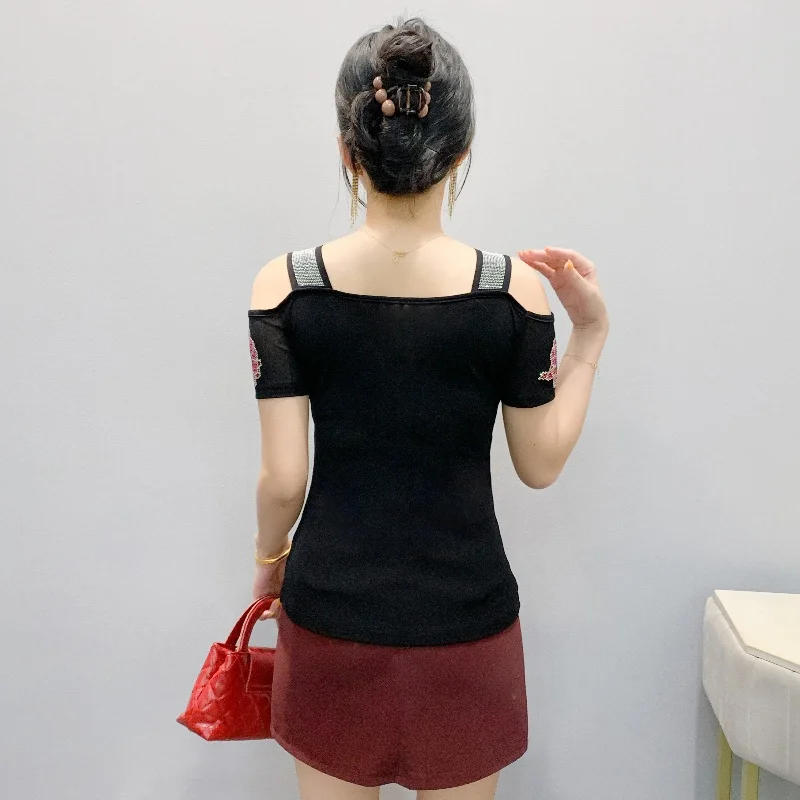 Summer New Fashion Hot Diamonds T-Shirt Women Sexy Off The Shoulder Streetwear Tees Female Slim Flower Tops Blouse - Image 2