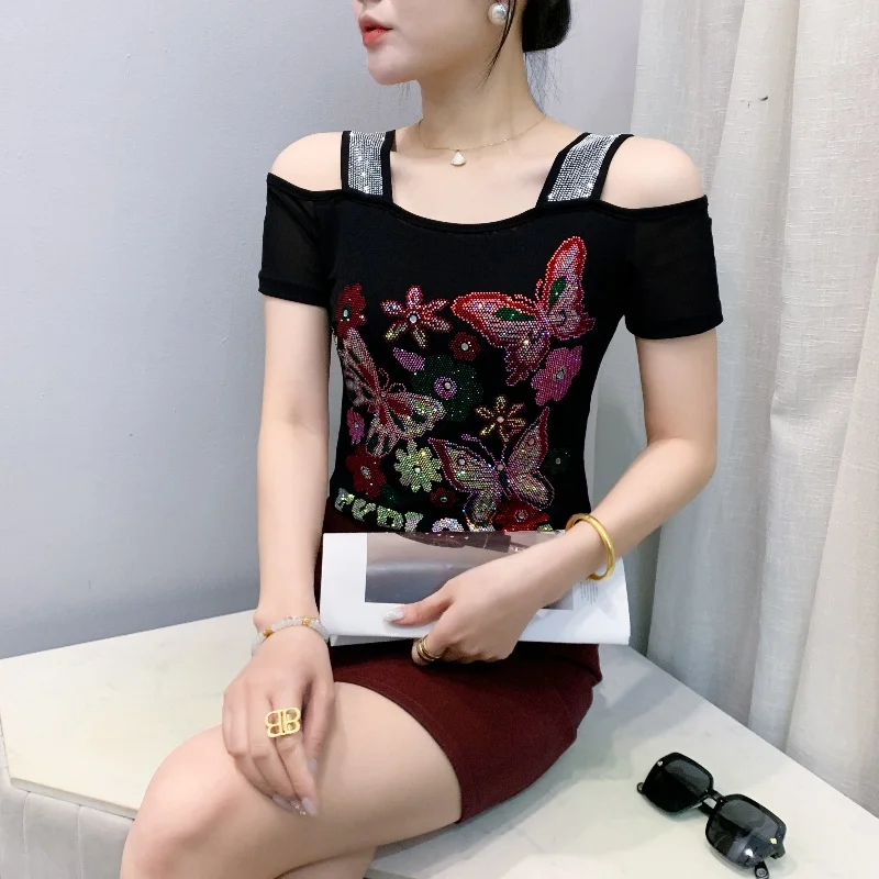 Summer Streetwear Fashion Women's T-shirt Luxury Design Butterfly Hot Diamonds Tee Sexy Off Shoulder Girls Tops European Clothes - Image 5