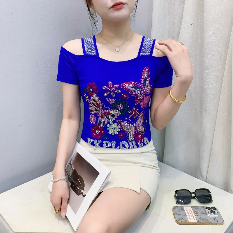 Summer Streetwear Fashion Women's T-shirt Luxury Design Butterfly Hot Diamonds Tee Sexy Off Shoulder Girls Tops European Clothes - Image 3