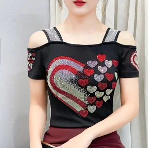 New European Clothes Women's T-shirts Fashion Sexy Off Shoulder Hot Diamonds Mesh Tops Short Sleeve Summer Elastic Tees