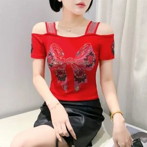 New Fashion Summer European Clothes High Quality T-Shirt Sexy Off Shoulder Shiny Diamonds Women Mesh Top Luxury Chic Flower Tees