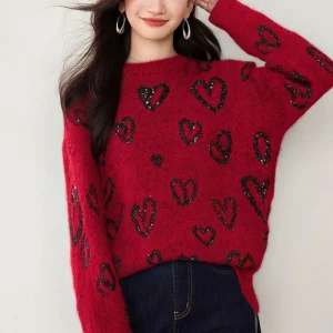 New Winter Love Glitter Women Knitted Pullover Chic Casual Loose Sweater Ladies Long Sleeve Fashion Sweaters Knit Tops Jumpers