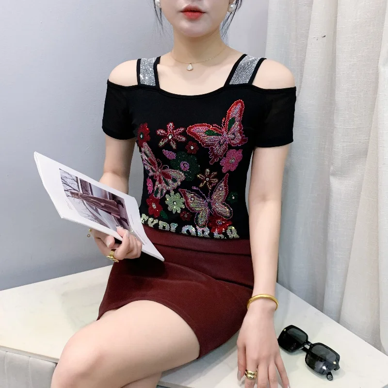 Summer Streetwear Fashion Women's T-shirt Luxury Design Butterfly Hot Diamonds Tee Sexy Off Shoulder Girls Tops European Clothes