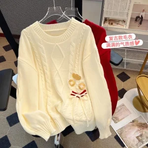 New Christmas Red Women's Sweater Pullover 2026 Autumn And Winter Elegant O-Collar Long Sleeves Loose Thick Knitted Top