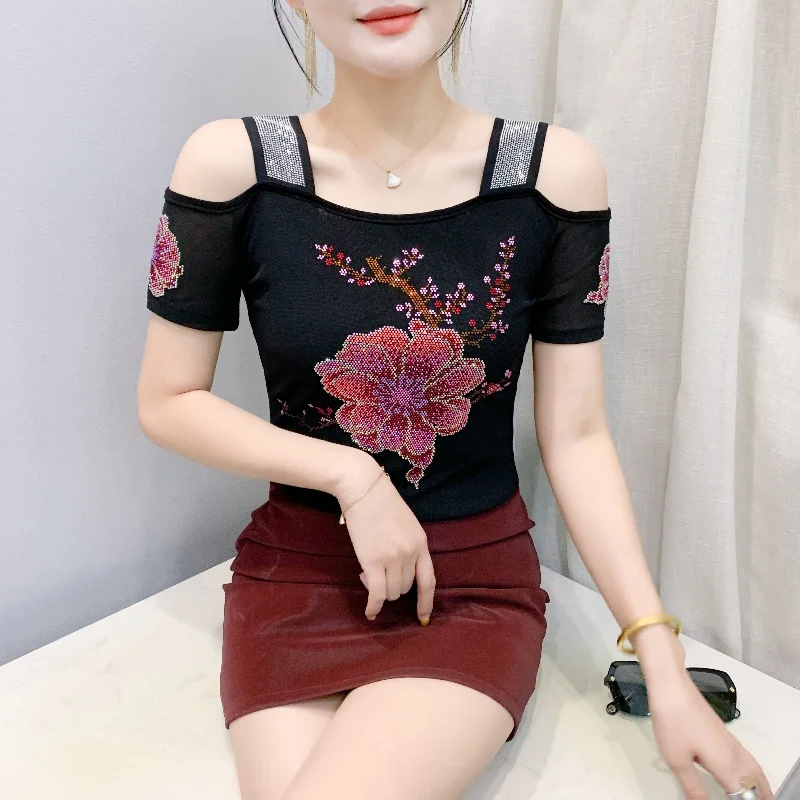 Summer New Fashion Hot Diamonds T-Shirt Women Sexy Off The Shoulder Streetwear Tees Female Slim Flower Tops Blouse - Image 5