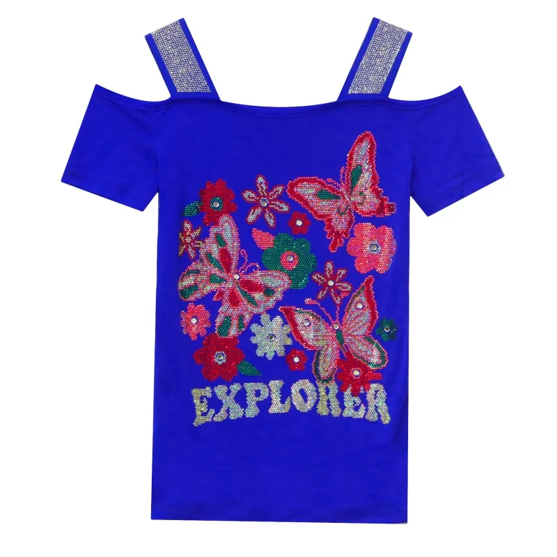 Summer Streetwear Fashion Women's T-shirt Luxury Design Butterfly Hot Diamonds Tee Sexy Off Shoulder Girls Tops European Clothes - Image 6