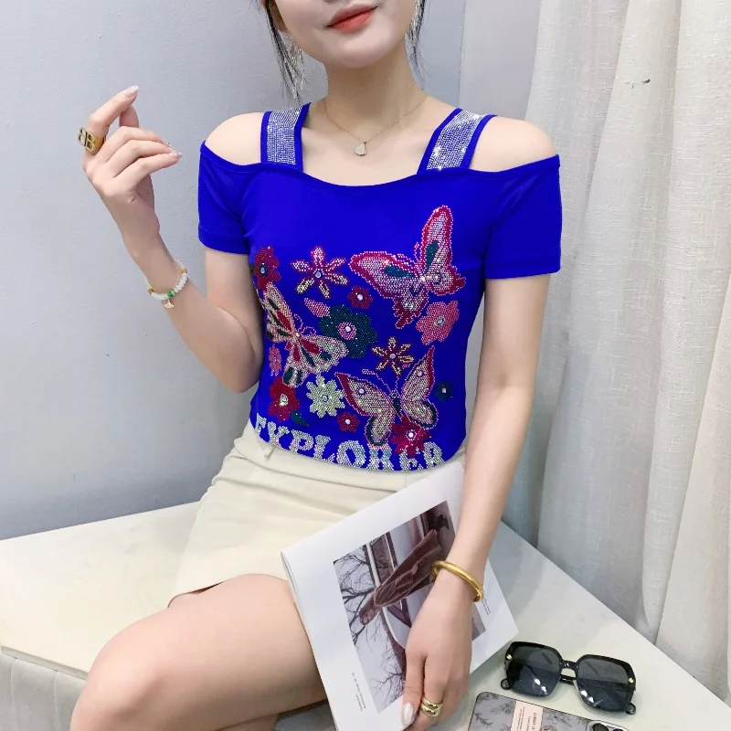 Summer Streetwear Fashion Women's T-shirt Luxury Design Butterfly Hot Diamonds Tee Sexy Off Shoulder Girls Tops European Clothes - Image 4