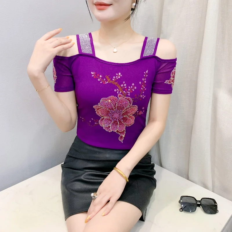 Summer New Fashion Hot Diamonds T-Shirt Women Sexy Off The Shoulder Streetwear Tees Female Slim Flower Tops Blouse - Image 3