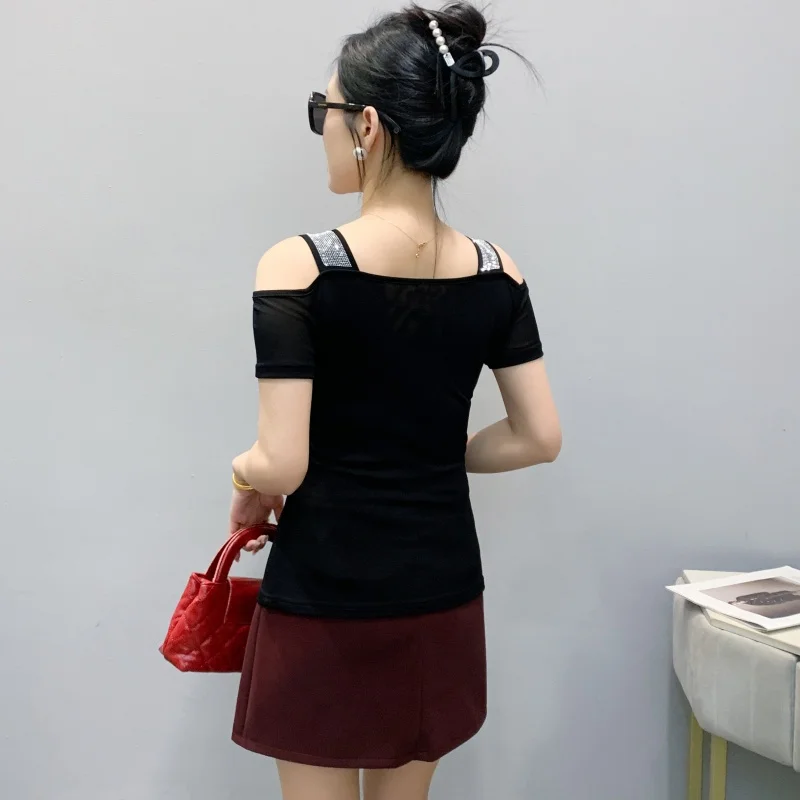 Summer Streetwear Fashion Women's T-shirt Luxury Design Butterfly Hot Diamonds Tee Sexy Off Shoulder Girls Tops European Clothes - Image 2